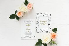 wedding stationery with roses and greenery