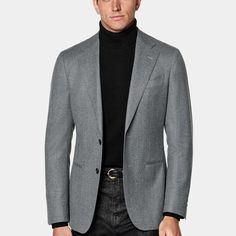 This mid grey blazer is cut to a tailored fit, offering a slim chest and waist for a fitted silhouette with natural shoulders. It features a wide notch lapel, jetted pockets, and a half-canvas construction. Gray Suits With Lapel Collar For Work, Formal Gray Wool Blazer, Gray Wool Blazer With Lapel Collar, Gray Blazer With Pressed Crease For Office, Gray Office Blazer With Pressed Crease, Gray Business Outerwear With Suit Collar, Gray Business Casual Outerwear With Suit Collar, Gray Tweed Jacket With Suit Collar For Work, Formal Gray Blazer With Pressed Crease