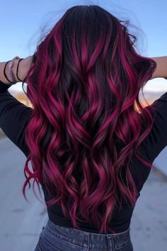 Red Color On Dark Hair, Quarter Hair Color, Bright Baylage Hair, Dyed Hair Ideas For Brown Hair, Dark Fun Colored Hair, Plum Hair Color With Money Piece, Hair Lights For Dark Hair Brunettes, Cute Colours To Dye Your Hair, Cherry Pepsi Hair Color