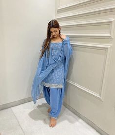 Suit Designs Indian Style Punjabi, Blue Indian Suit, Simple Punjabi Suits, Jaggo Outfit Punjabi Suit, Blue Sharara Suit, Punjabi Dress Design, Simple Indian Suits, Panjabi Suit