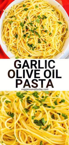 garlic and olive oil pasta in a white bowl with parsley on top, the recipe is ready to be eaten