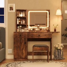 a vanity with lighted mirror and stool in a living room