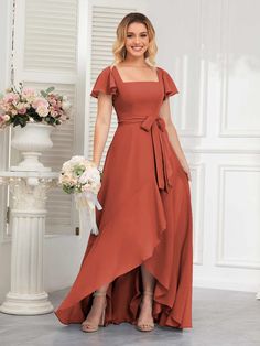 Chiffon A-line Bridesmaid Dress For Banquet, Spring Chiffon A-line Bridesmaid Dress, A-line Chiffon Bridesmaid Dress, Flowy A-line Chiffon Dress For Prom, Chiffon A-line Bridesmaid Dress For Prom Season, Ruffled Chiffon Dress For Prom Season, Chiffon Bridesmaid Dress With Short Sleeves, A-line Chiffon Bridesmaid Dress For Banquet, Flowy A-line Chiffon Bridesmaid Dress