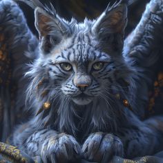 a painting of a cat with wings on it's head and eyes, staring at the camera