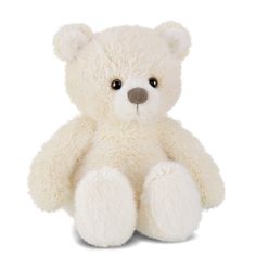 a white teddy bear sitting up against a white background