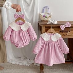 Baby Toddler Embroidered Flower Bodysuit Dress Long Sleeve Cotton Dress With Floral Applique, Sweet Long Sleeve Pink Sets, Sweet Pink Long Sleeve Sets, Family Matching Long Sleeve Sets For Summer, Summer Family Matching Long Sleeve Sets, Spring Embroidered Dress With Doll Collar, Family Matching Sets For Spring Playtime, Spring Family Matching Playtime Sets, Cute Fitted Solid Color Sets