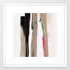 an abstract painting in white frame with black, pink and green lines on the wall