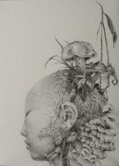 a drawing of a woman's head with flowers in her hair