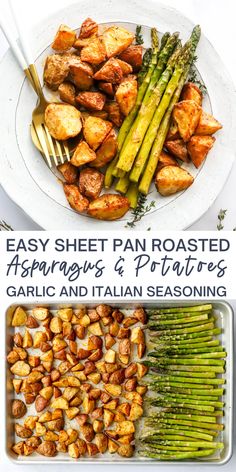 two plates with potatoes, asparagus and parmesan cheeses on them