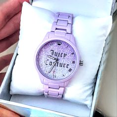 Black Label Juicy Couture Watch! Very Pretty! Lilac Purple Glitter Face Watch! Battery Works. Brand New With Tag. Price Firm. Trendy Party Watches, Juicy Couture Watch, Silver Watches Women, Juicy Couture Accessories, Green Watch, Glitter Face, Pink Watch, Gold Watches Women, Watch Battery