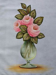 a painting of pink flowers in a green vase