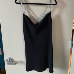 Nwt Zara Black Satin Mini Dress With Crystal Chain Straps, Size M Fitted Chain Dresses, Spaghetti Strap Dresses With Chain Strap For Night Out, Fitted Chain Detail Dress For Night Out, Fitted Chain Dress For Night Out, Fitted Chain Dresses For Night Out, Date Night Mini Dress With Chain Strap, Black Dress With Chain Strap For Night Out, Black Mini Dress With Chain Strap For Party, Black Formal Dress With Chain Strap