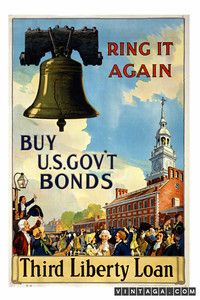 an old poster with a large bell on it