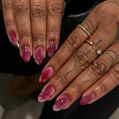 "airbrush + handpainted tribal design on her natural nails 😍 she’s come so far now we can finally do almond !! these came out so cute i wish you could see more of the detail on them through pictures ••••••••" Pink Chrome Design Nails, Black And Pink Almond Nails, Almond Nails Designs Pink, Formal Nails, Simple Acrylic Nails, Casual Nails, Almond Acrylic Nails