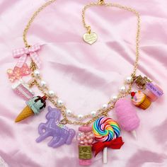 Kawaii Pink Candy Shop Statement Charm Necklace - Gold or Silver Cute Charms Jewelry For Gifts, Cute Charms Necklaces For Gifts, Cute Charms Necklace For Gift, Cute Charms Necklaces As Gift, Cute Personalized Multicolor Charm Necklaces, Kawaii Dangle Earrings For Birthday, Kawaii Dangle Jewelry For Valentine's Day, Fun Pink Charm Necklaces, Pink Fun Style Charm Necklace