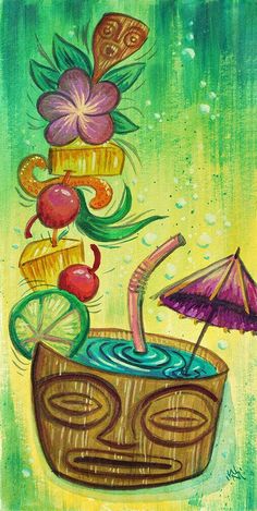 a painting of an umbrella and some fruit in a basket on the ground with water