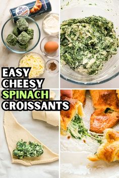 four different pictures with spinach, cheese and other food items in the same collage