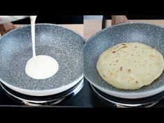 two pans filled with food on top of a stove