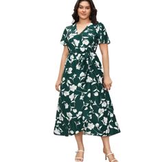 New With Tags Plus Size Green Belted Summer Dress, Green Belted Dress For Summer, Belted V-neck Midi Dress For Garden Party, V-neck Belted Midi Dress For Garden Party, Green Belted Vacation Dress, Chic Belted Maxi Dress For Garden Party, Belted Green Dress For Vacation, White Belted Maxi Dress For Spring, White Belted Dress For Garden Party