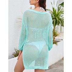 Features: One piece cover up with crochet fishnet, pull on, long sleeve, solid color, wide neckline design, you can wear it one shoulder, or up. With pocket for mobile phone Hollow Out Tops For Beach Season Vacation, Hollow Out Top For Beach Vacation, Beach Season Vacation Tops With Hollow Out Details, Beach Season Hollow Out Top For Vacation, Beachwear Tops With Hollow Out Details For Vacation, Beachwear Hollow Out Top For Vacation, Casual Open Knit Swimwear For Vacation, Spring Vacation Long Sleeve Sweater, Long Sleeve Summer Crochet Top For Vacation