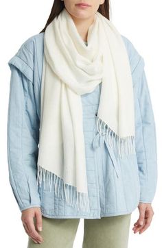 Long fringe tips a tissue-weight scarf woven in a soft blend of wool and cashmere. 29" x 76"; 3" fringe. 70% wool, 30% cashmere. Dry clean. By Nordstrom; imported. Clothes Pieces, Winter Scarves, Winter Shawl, Long Fringe, Scarf Poncho, Fringe Scarf, Cashmere Wool, Cashmere Scarf, Keep Warm