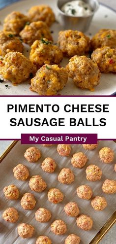 These easy sausage balls with pimento cheese have just four ingredients and are ready in 25 minutes. Serve these savory bites with a two-ingredient creamy horseradish sauce for a crave-worthy hot appetizer. Leftover Pimento Cheese Recipes, Pimento Cheese Sausage Balls, Easy Pimento Cheese, Pimento Cheese Appetizer, Easy Sausage Balls, Cheese Sausage Balls, Sausage Cheese Balls