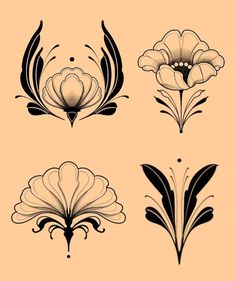 four different types of flowers with black and white designs on the bottom one is an orange background