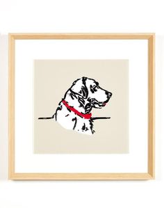 a drawing of a dog with a red collar sitting in front of a white wall