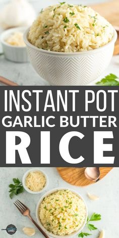 instant pot garlic butter rice in a white bowl