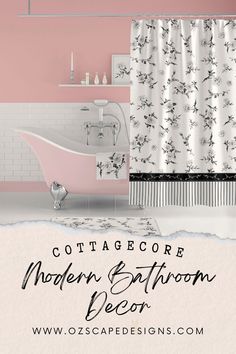 the bathroom is decorated in pink and white with black floral shower curtain, bathtub, sink