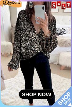 Deep V Neck Knot Sequin Shirt Sequins Blouse, Fashion Packaging, Sequin Blouse, Sequin Shirt, Long Sleeve Sequin, Sequin Top, Long Blouse, Lantern Sleeves, Wholesale Clothing