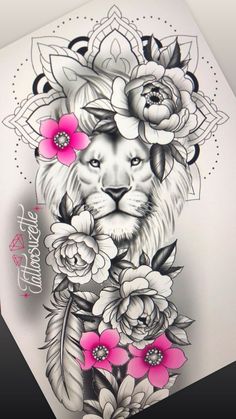 a lion with flowers and feathers on it's head is shown in this tattoo design