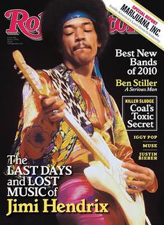 the cover of rock and roll magazine with an image of a man holding a guitar