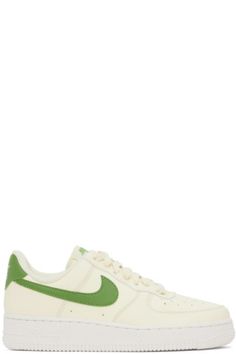 Nike - Off-White & Green Air Force 1 '07 Next Nature Sneakers Nike Leather Sneakers With Embroidered Logo, Green Sneakers With Embroidered Logo And Round Toe, Sporty Cream Sneakers With Embroidered Logo, Green Round Toe Sneakers With Embroidered Logo, Green High-top Sneakers With Embroidered Logo, Green Low-top Sneakers With Embroidered Logo, Green Air Force 1, Green Air Force, Air Force 1