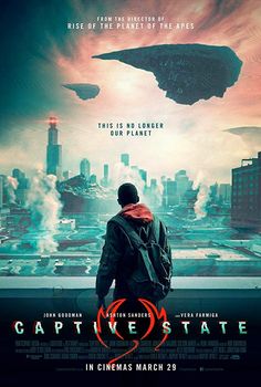 the movie poster for captive state with a man standing in front of a cityscape