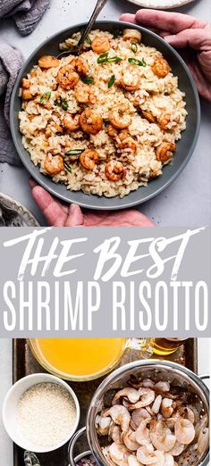 the best shrimp risotto recipe is shown in this collage with text overlay