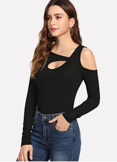 Asymmetrical Arm Cut Out Solid Tee – Ofelya Boutique 2018 Fashion, Online Tops, Knitted Tshirt, Ladies Tops Fashion, S Models, Long Sleeve Tee, Long Sleeve Pullover, Women Long Sleeve, Cold Shoulder