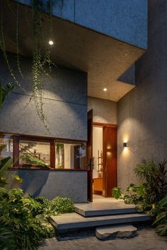 the entrance to a modern home at night with plants and stairs leading up to it