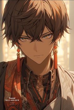 an anime character with brown hair and earrings on his head, looking at the camera