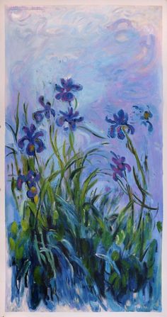 an oil painting of purple flowers on a blue background