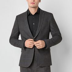 Take your formal wardrobe up a notch with this J. Ferrar men's suit jacket. It's designed for a slim, classic-fit and made from a woven blend with recycled fabric that's wrinkle resistant ensuring you look sharp all day long. Style details include notch lapels, a single-breasted silhouette, a button closure, side flap pockets, and interior pockets for your small essentials. Wear it with a button-down and the matching trousers. Front Style: Single BreastedClosure Type: ButtonFit: Classic FitPocke Gray Suits, Dark Gray Suit, Mens Suit Jacket, Men's Suit, Gray Suit, Fitted Suit, Long Style, Suit Jackets, Recycled Fabric