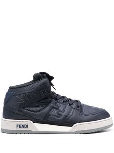 navy blue calf suede FF-logo embroidery flat rubber sole logo print to the side front lace-up fastening round neck logo-embossed tongue Mens High Top Sneakers, Fendi Sneakers, Embroidery Flats, Men Logo, Men's High Top Sneakers, Logo Shoes, Versace Outfit, Sneakers Blue, Nike Air Max 97