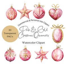 pink and gold christmas ornaments clipart for commercial use - watercolor clipart pngs