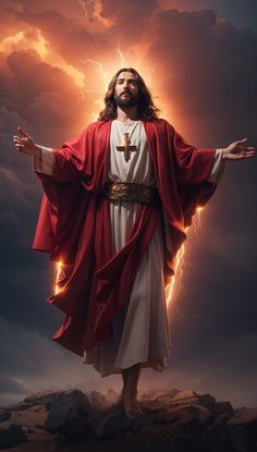 jesus standing in the midst of lightning with his arms outstretched