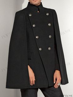 Poprose - Navy Woolen Poncho with Double Breasted Detail for Women's Winter Outfit Fitted Black Winter Cape, Black Fitted Winter Cape, Fitted Black Cape For Work, Black Fitted Long Sleeve Cape, Black Cape For Workwear, Black Cape For Work, Black Workwear Cape, Black Oversized Cape For Spring, Oversized Black Cape For Spring