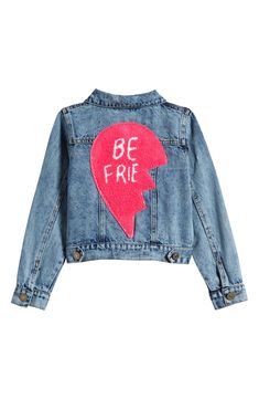 Your kiddo can coordinate their outfit with their pals in this denim jacket featuring one half of a 'Best Friends' heart. Front button closure Point collar Chest button-flap patch pockets Adjustable button side tabs Unlined 100% cotton Hand wash, line dry Imported Cute Winter Denim Jacket, Cute Denim Jacket For Fall, Cute Denim Blue Outerwear, Cute Denim Blue Cotton Outerwear, Cute Denim Blue Outerwear For Fall, Cute Denim Blue Fall Outerwear, Cute Medium Wash Cotton Outerwear, Playful Denim Jacket For Fall, Playful Cotton Denim Jacket For Fall