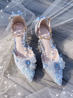 Bow at Top Rhinestones Butterfly Decorated 6.5CM/8.5CM Light Blue High Heels Debut Heels, Royal Heels, Blue And White Heels, Wedding Heels Blue, Light Blue Quince Heels, Pink And Blue Heels, Light Blue Fashion Aesthetic, Blue Shoes Aesthetic, Blue Butterfly Dress