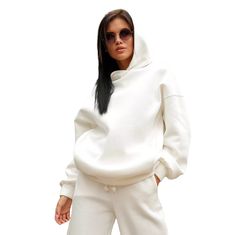 Solid White Cotton Blend Hoodie and Pants Set White Fleece Tracksuit For Winter, Casual White Fleece Tracksuit, Oversized Fall Tracksuit With Drawstring Hood, Casual Winter White Hoodie For Loungewear, Casual Winter White Hoodie For Spring, Spring Tracksuit With Drawstring Hood In Solid Color, White Tracksuit With Drawstring Hood For Fall, Spring Hooded Tracksuit With Relaxed Fit, White Hooded Tracksuit For Fall