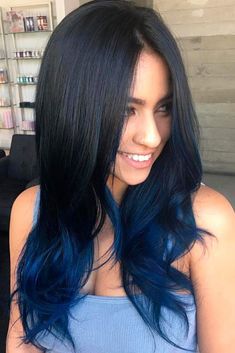 (paid link) Best Ombre hair color ideas...  ?Pastel Hair Guide  ?70 Flattering Balayage Hair... Blue And Black Hair, Blue Tips Hair, Blue Black Hair Dye, Blue Black Hair Color, Blue Hair Highlights, Dyed Hair Blue, Blue Black Hair, Blue Ombre Hair, Dark Blue Hair