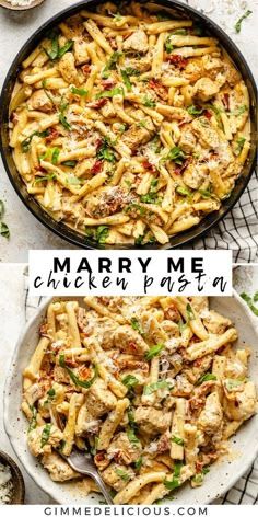 two pictures of chicken pasta in a skillet with the words marry me chicken pasta